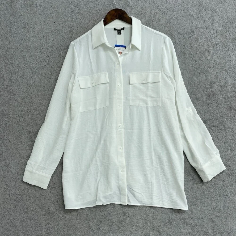Hilary Radley Women's L Ivory Long Sleeve Button-Down Shirt 100% Polyester M0415 - Picture 5 of 13